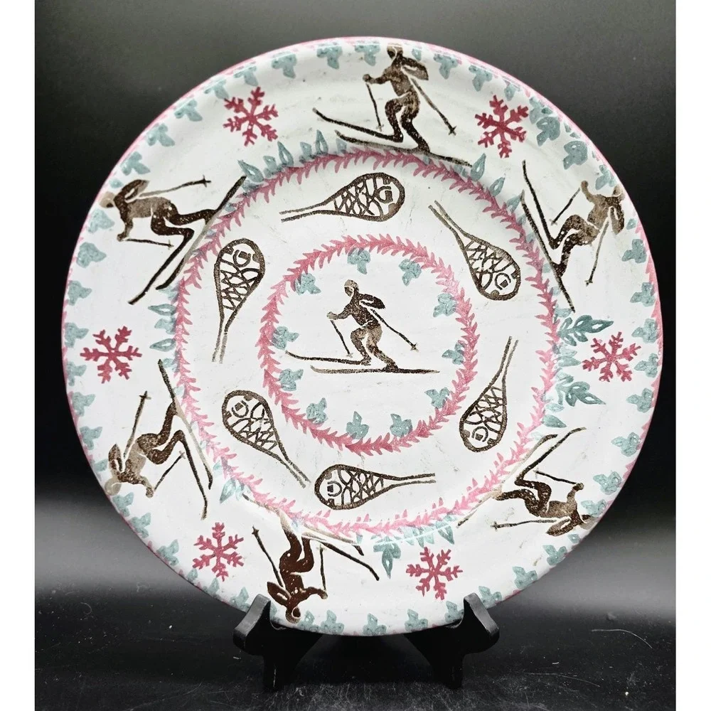 Vintage Vermont Lodge Studio Pottery Terracotta Plate Ski Snowshoe 11